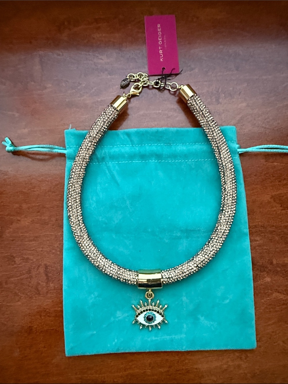 Kurt Geiger Gold Crystal Collar Necklace with Turquoise Evil Eye Charm